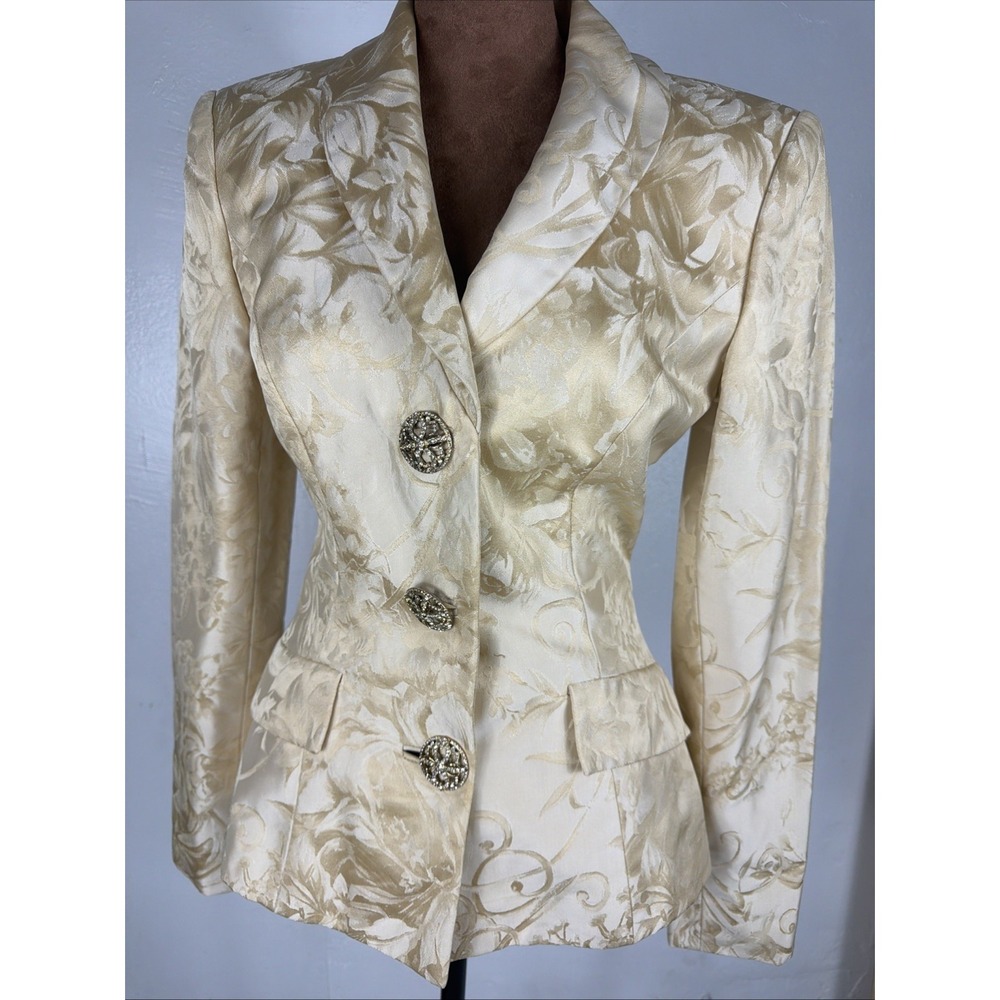 VTG Pamela Dennis  Beige/Gold Silk Fitted Blazer Jacket w/Rhinestone Buttons Sz4